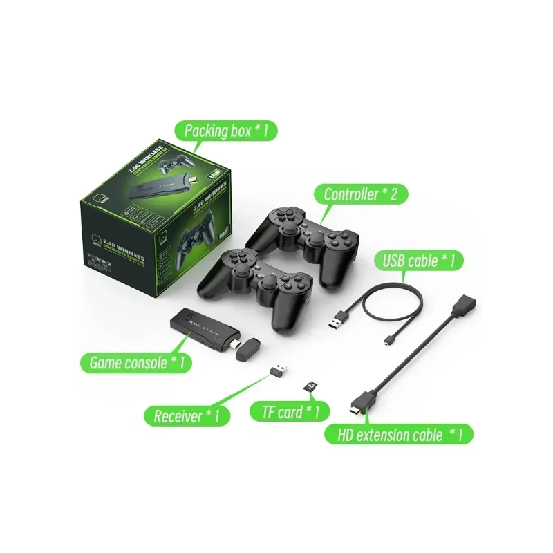 M8 videospillkonsoll retro gaming med 2.4G trådløs kontroller 4K Game Stick og omfattende spillbibliotek