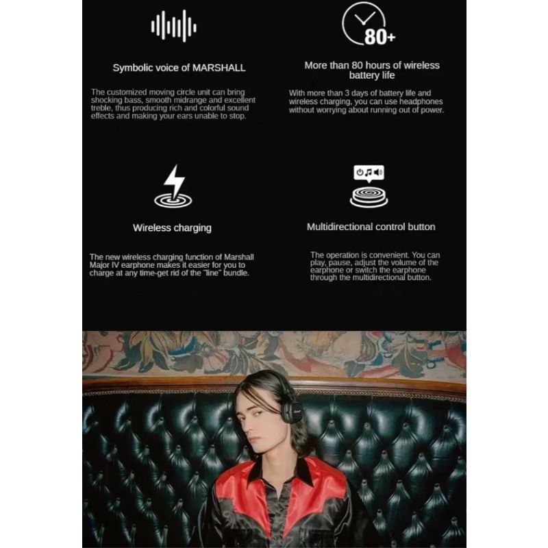 Marshall Major IV Bluetooth-hodetelefoner med signaturlyd og kraftig bass trådløs lading for musikkelskere