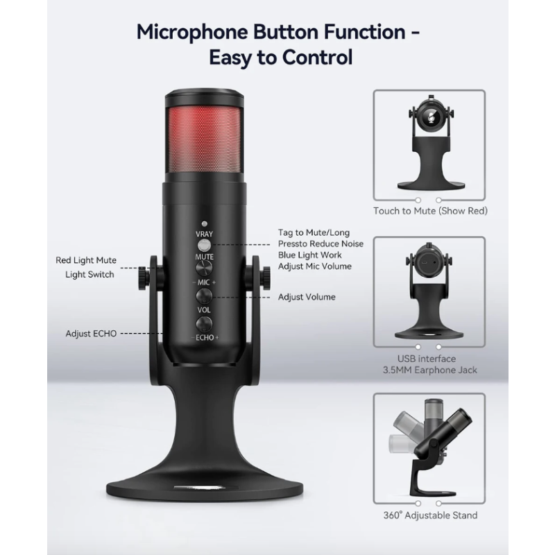 Oppdag MU900PRO profesjonell kondensatormikrofon med RGB USB dynamisk belysning for streaming og høy lydkvalitet