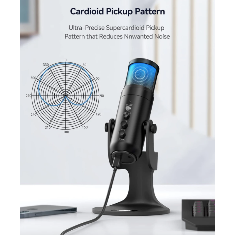 Oppdag MU900PRO profesjonell kondensatormikrofon med RGB USB dynamisk belysning for streaming og høy lydkvalitet