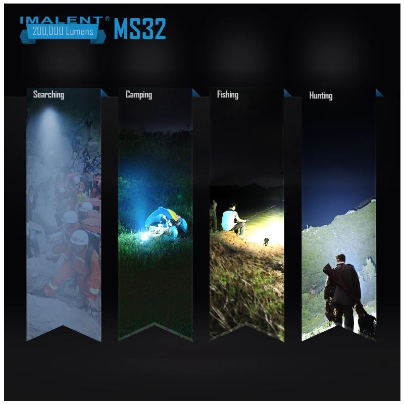 Kraftig IMALENT MS32 LED lommelykt 200000 lumen for utendørs belysning med flere lysmoduser og høy effekt
