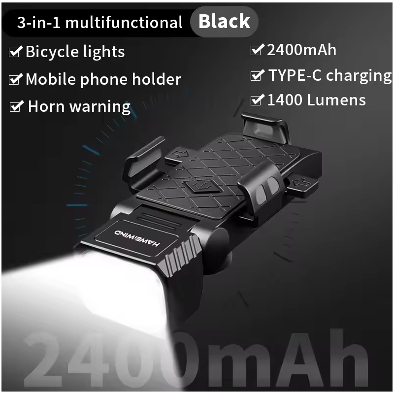 Få alt i ett! Sykkellykt 3-i-1 med Sykkelhorn, Mobilholder Sykkel – Multifunksjonell Sykkelutstyr
