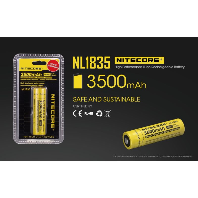 Nitecore 18650 NL1835 Li-ion oppladbart batteri 3500mAh Høy kapasitet lommelyktutstyr forbrukerelektronikk