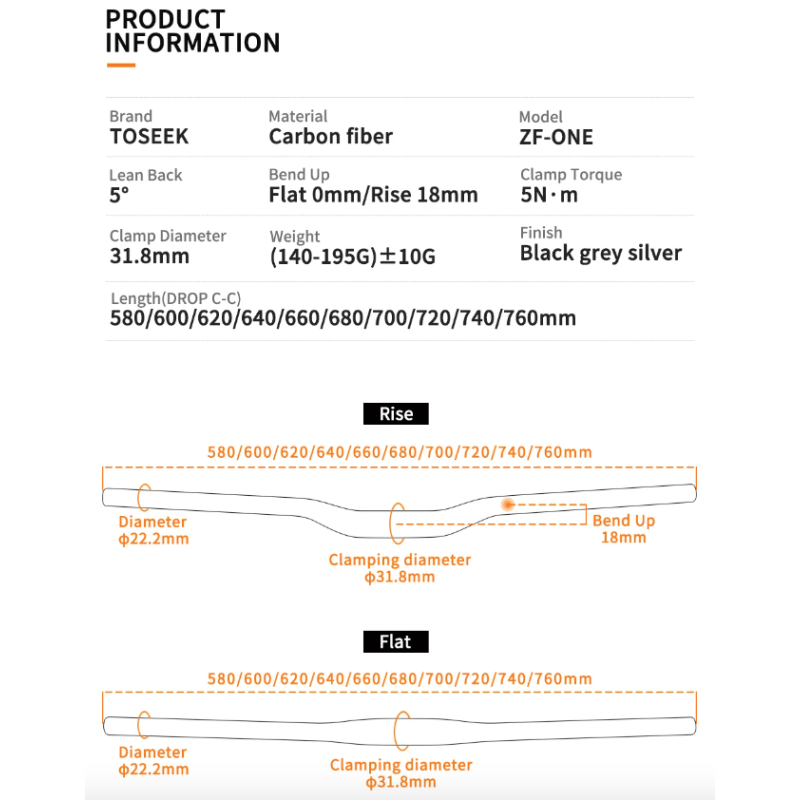 TOSEEK ZF-ONE MTB karbonstyre 31.8mm 580-760mm lett matt svart sykkeltilbehør for terrengsykkeloppgradering