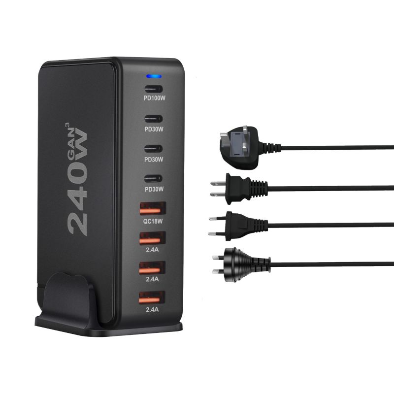 Effektiv 240W stasjonær GaN-lader 8-ports USB Type C PD hurtiglader for mobil nettbrett laptop hurtiglading