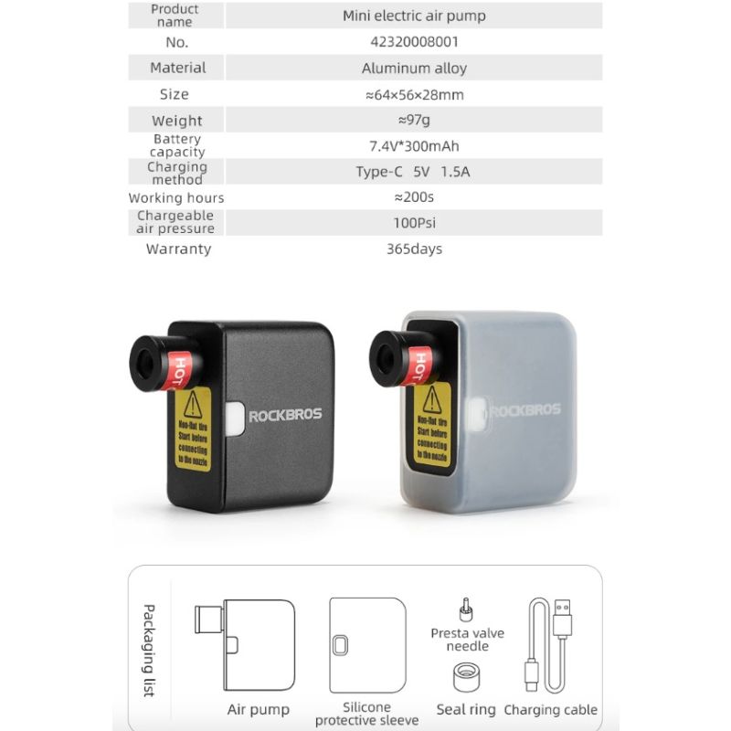 ROCKBROS bærbar mini elektrisk luftpumpe 100PSI oppladbar sykkeltilbehør med slitesterkt og lettvekt design
