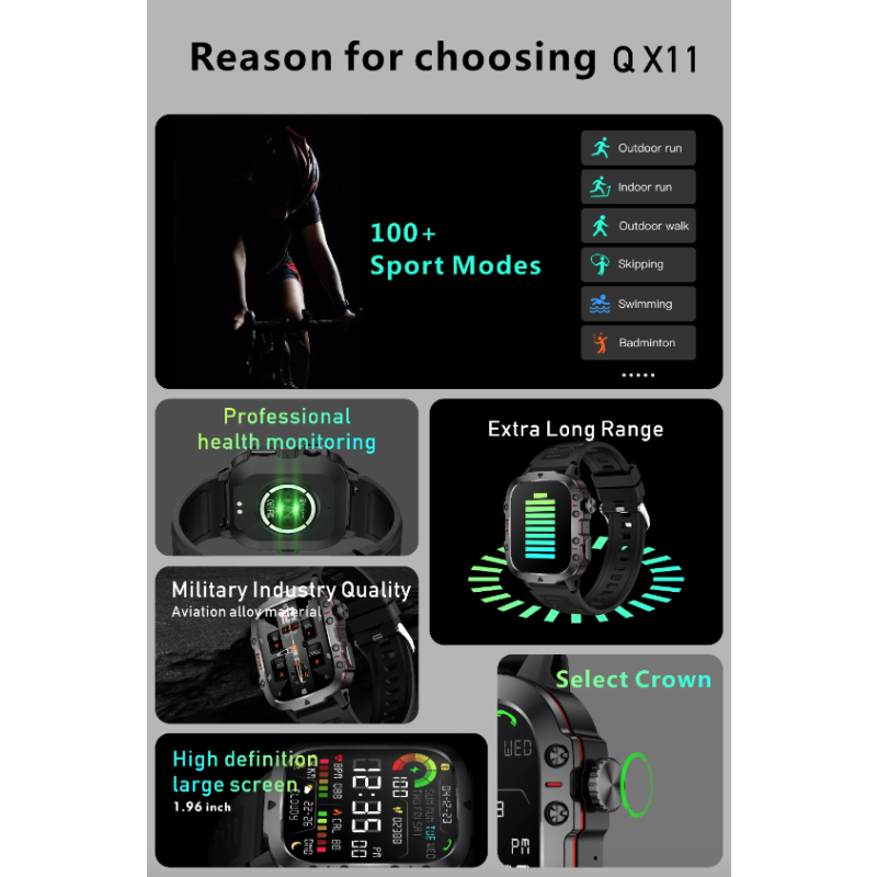 QX11 Smartklokke Herre | IP68 5ATM Sport Fitness Tracker | BT Samtale Pulsklokke 1,96