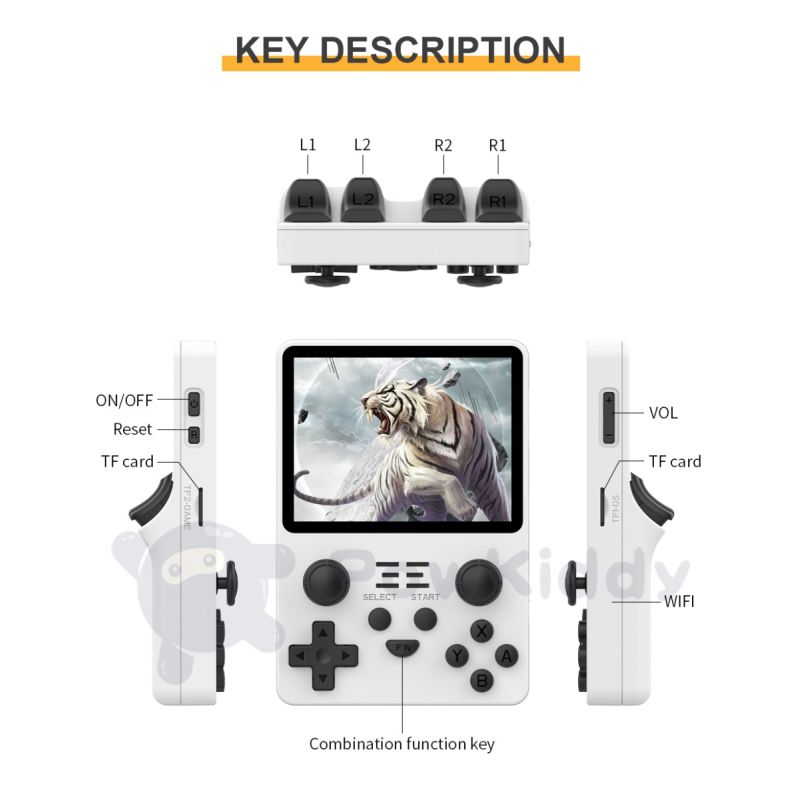 POWKIDDY RGB20S ultrakompakt håndholdt spillkonsoll 3.5 tommer 4:3 IPS skjerm perfekt for retro gaming og barnegaver