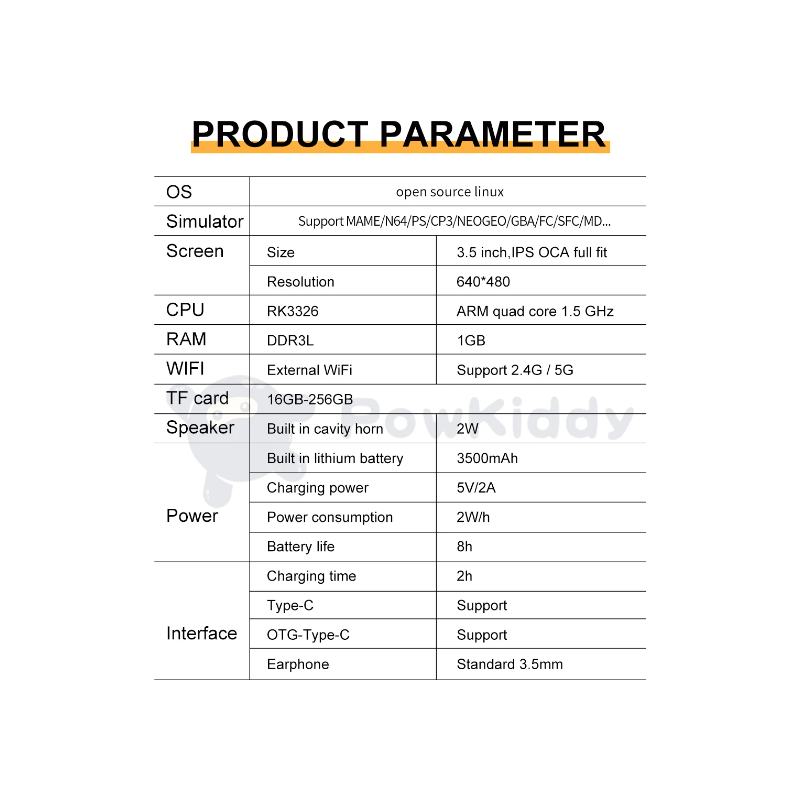 POWKIDDY RGB20S håndholdt spillkonsoll med 3.5-tommers IPS skjerm og RK3326 for nostalgisk retro gaming