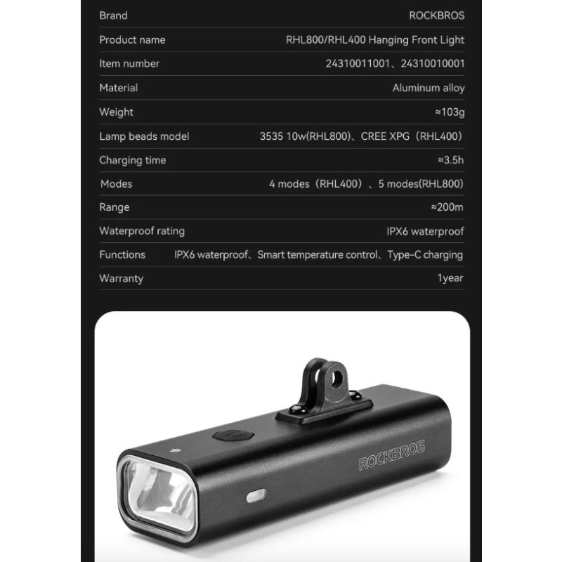 ROCKBROS RHL-1000LUMEN sykkellykt med høy lysstyrke LED regntett oppladbart for nattsykling og bypendlere