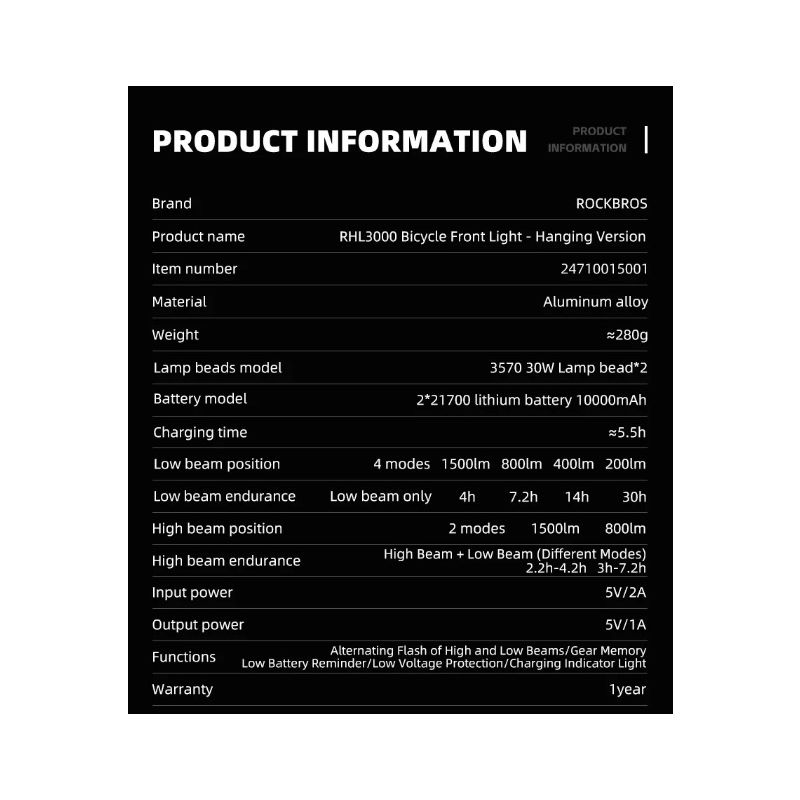 ROCKBROS RHL3000 sykkelfrontlys 3000 lumen vanntett oppladbar 10000mAh for MTB høy lysstyrke synlighet