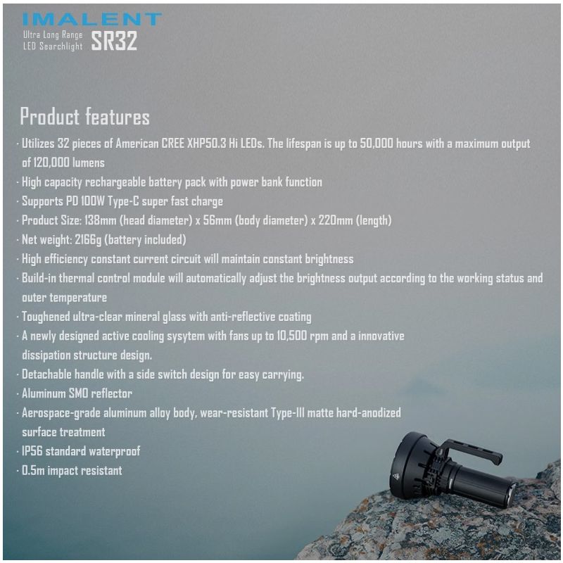 IMALENT SR32 Kraftig lommelykt 120000 lumens Utendørs belysning Nødsituasjon verktøy Slitesterk design