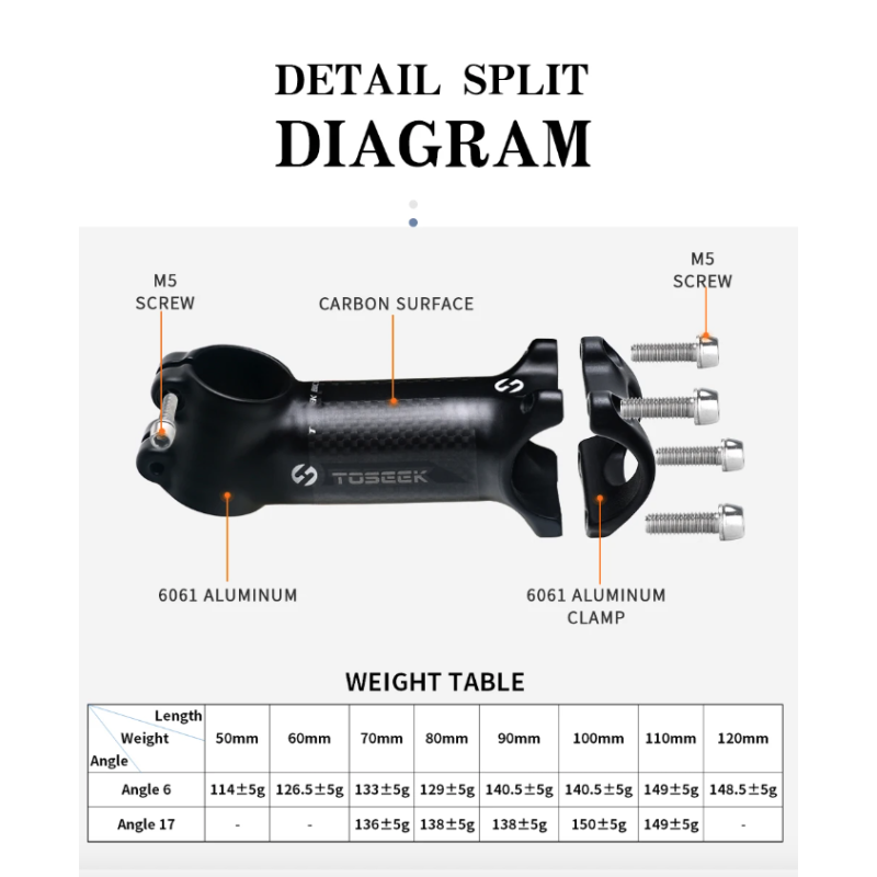 TOSEEK MTB sykkelstyrstamme lettvekt karbon aluminium justerbar vinkel 28.6mm 31.8mm sykkeltilbehør