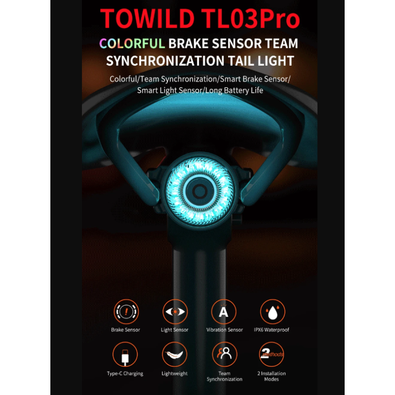 TOWILD TL03Pro sykkelbaklys med smart bremsesensor syvfarget pusteblits oppladbart for sykkelsynlighet