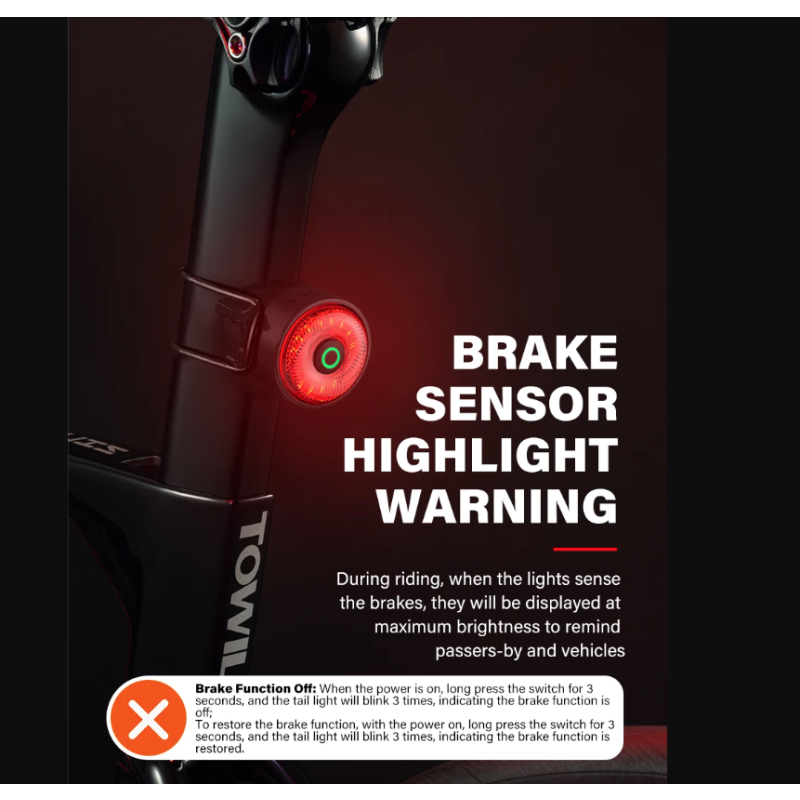 TOWILD TL03Pro sykkelbaklys med smart bremsesensor syvfarget pusteblits oppladbart for sykkelsynlighet
