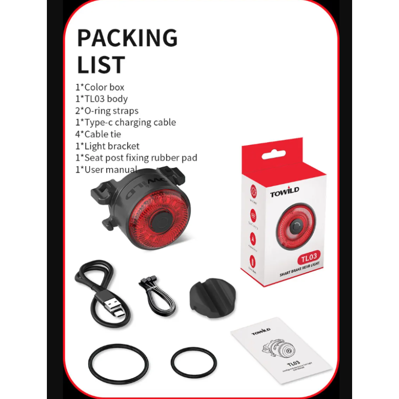 TOWILD TL03 smart bremsesensorlys for sykkel LED sykkellykter oppladbart fem blitsmoduser sykkelsikkerhet