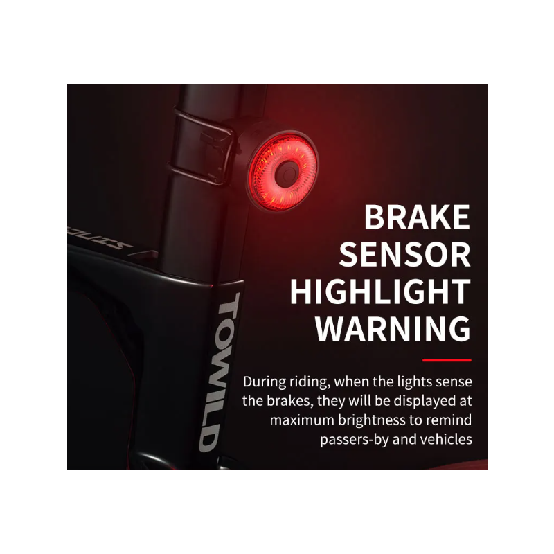 TOWILD TL03 smart bremsesensorlys for sykkel LED sykkellykter oppladbart fem blitsmoduser sykkelsikkerhet