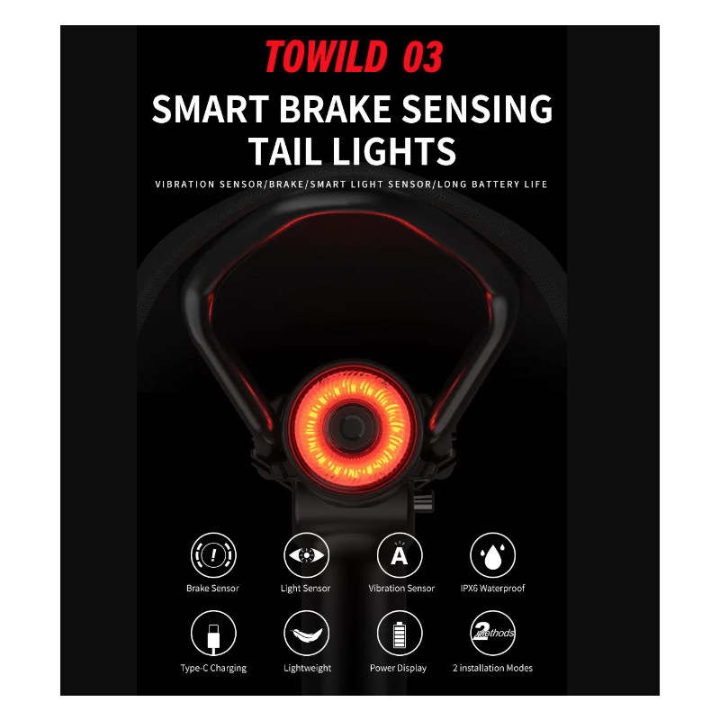 TOWILD TL03 smart bremsesensorlys for sykkel LED sykkellykter oppladbart fem blitsmoduser sykkelsikkerhet