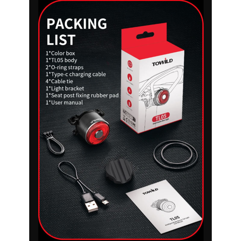 TOWILD TL05 baklys sykkellys med smart autobremsesensor IPX6 vanntett USB lading sykkeltilbehør 100t batteri