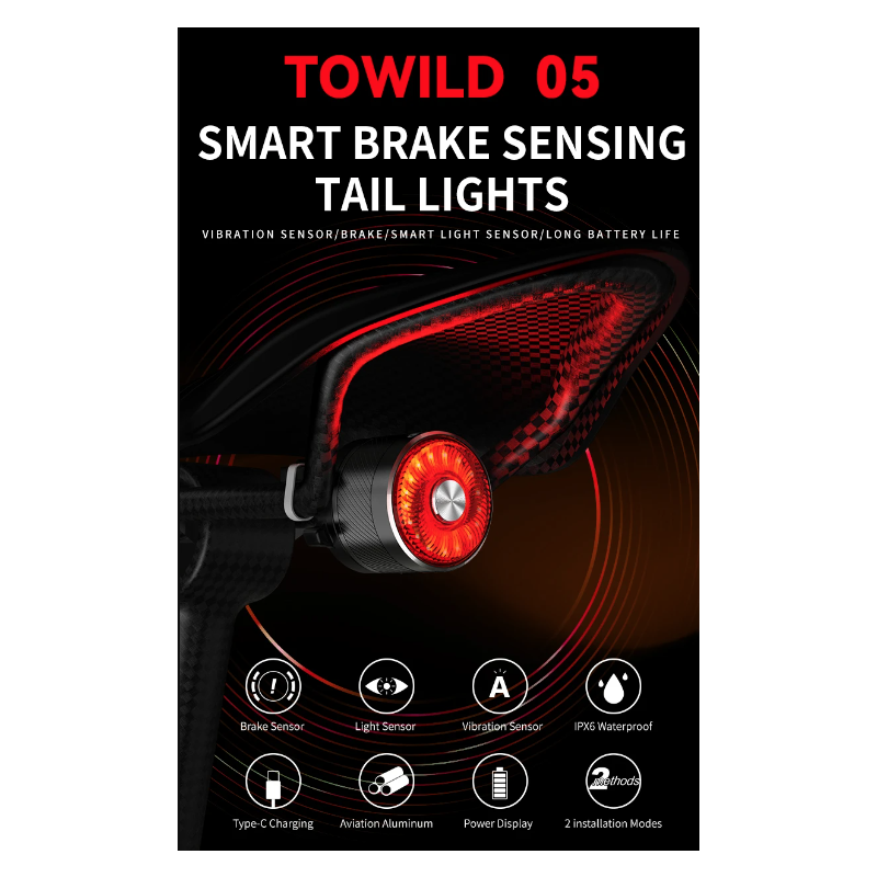 TOWILD TL05 baklys sykkellys med smart autobremsesensor IPX6 vanntett USB lading sykkeltilbehør 100t batteri