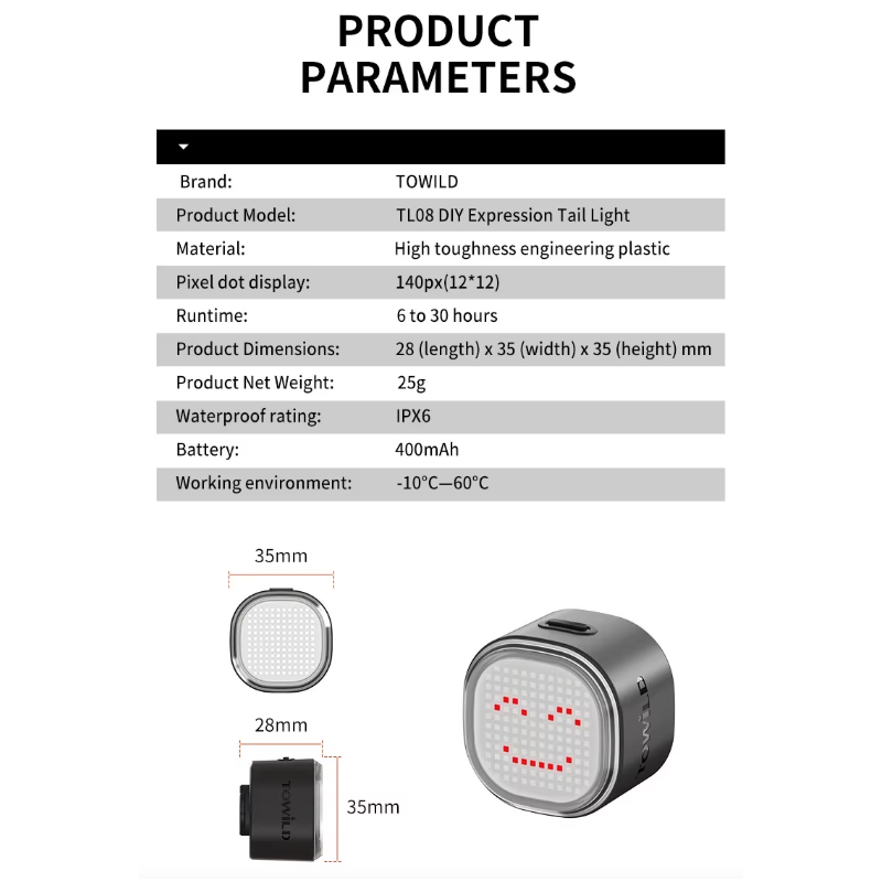 TOWILD TL08 Sykkel Baklys | Tilpassbare Mønstre, Fullfarge & Bremsesensor | USB-C Oppladbar & Vanntett IPX6