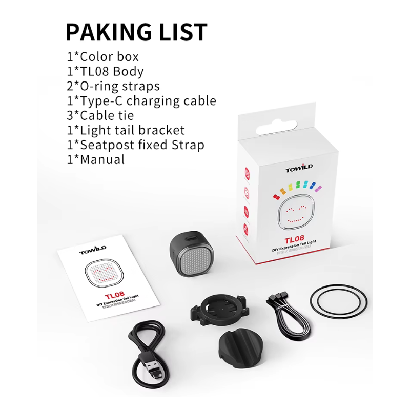 TOWILD TL08 Sykkel Baklys | Tilpassbare Mønstre, Fullfarge & Bremsesensor | USB-C Oppladbar & Vanntett IPX6