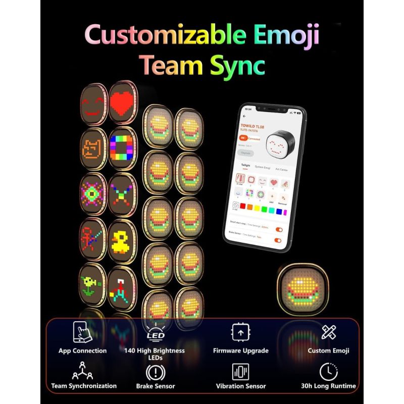 TOWILD TL08 Sykkel Baklys | Tilpassbare Mønstre, Fullfarge & Bremsesensor | USB-C Oppladbar & Vanntett IPX6
