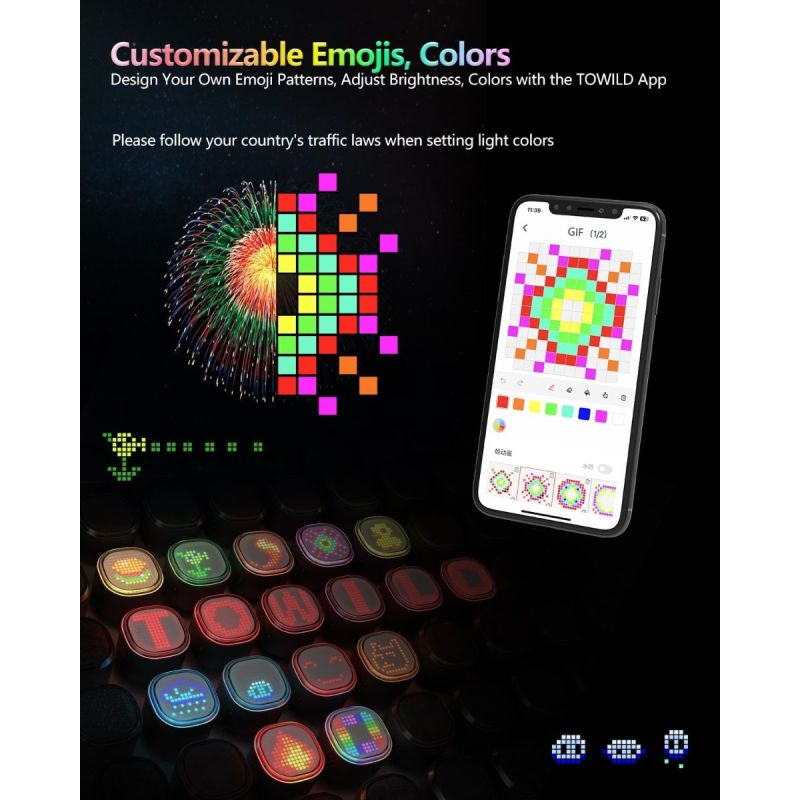 TOWILD TL08 Sykkel Baklys | Tilpassbare Mønstre, Fullfarge & Bremsesensor | USB-C Oppladbar & Vanntett IPX6