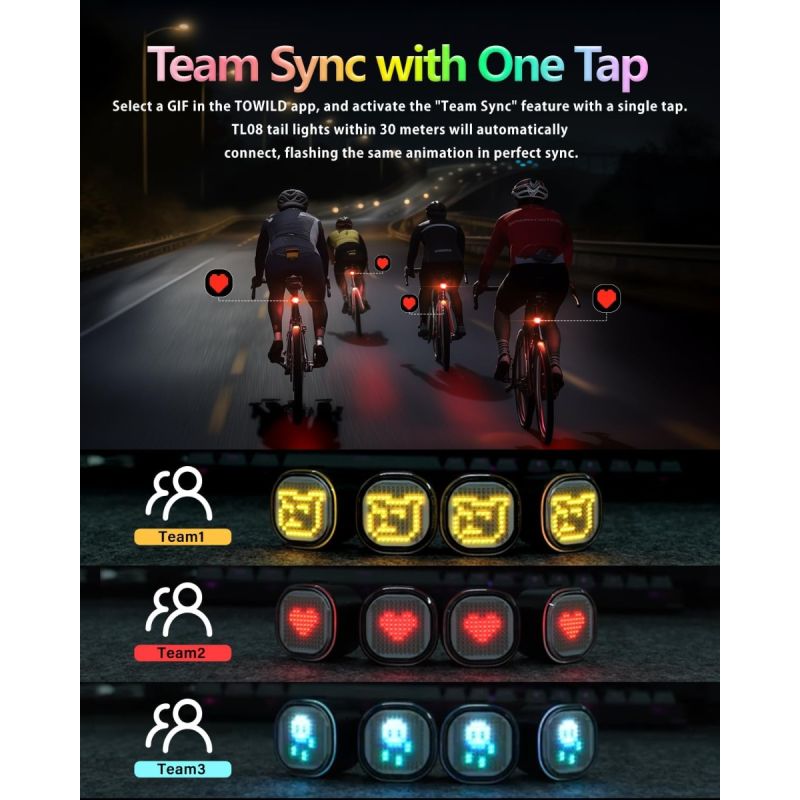 TOWILD TL08 Sykkel Baklys | Tilpassbare Mønstre, Fullfarge & Bremsesensor | USB-C Oppladbar & Vanntett IPX6