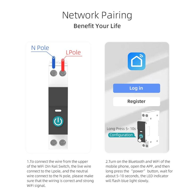 TONGOU Tuya WiFi Smart Strømbryter for Hjemmeautomasjon Fjernkontroll via APP, 63A DIN-skinne Elektrisk Sikkerhet