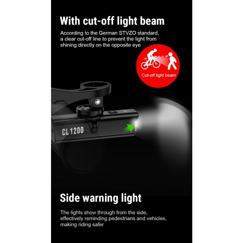 TOWILD CL1200 1200 Lumen lyssterkt sykkellys USB oppladbar frontlampe vanntett sykkeltilbehør for nattsykling
