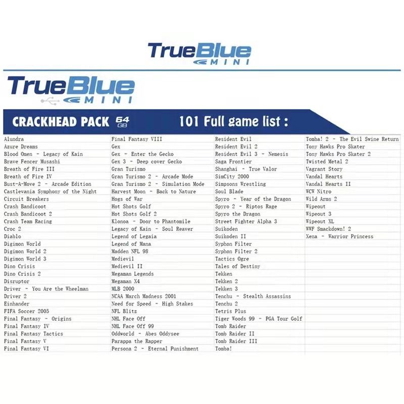 True Blue Mini Crackhead Pack 32G 64G PS ONE MINI Plug and Play for Retrospill Høy Kvalitet Enkel Installering
