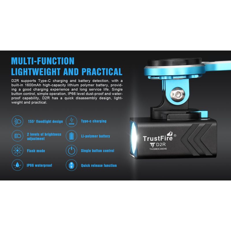TrustFire D2R sykkellykt 450LM foran lysstyrke IP66 vanntett oppladbar Type-C sykkeltilbehør sikkerhet