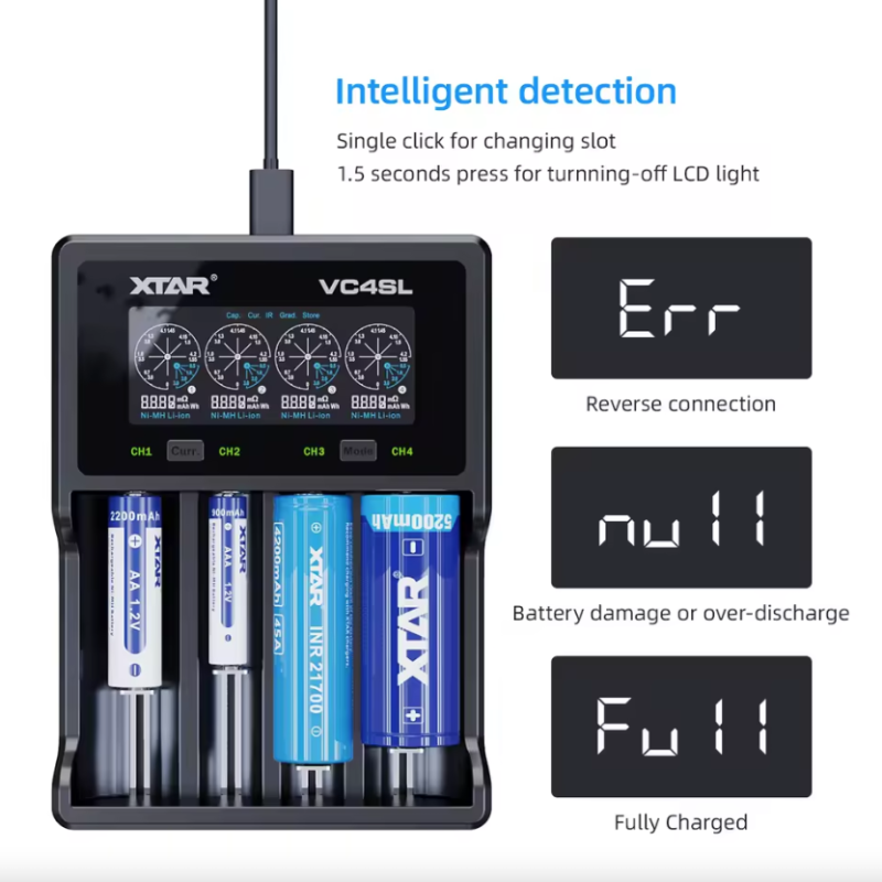 XTAR VC4SL USB C lader for 18650 21700 med QC3.0 hurtiglading og allsidig batterilader inkludert AA AAA