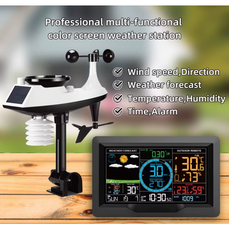 Værstasjon med 7,5-tommers fargeskjerm og solcelledrevet sensor temperatur- og fuktighetsmålinger hjemme