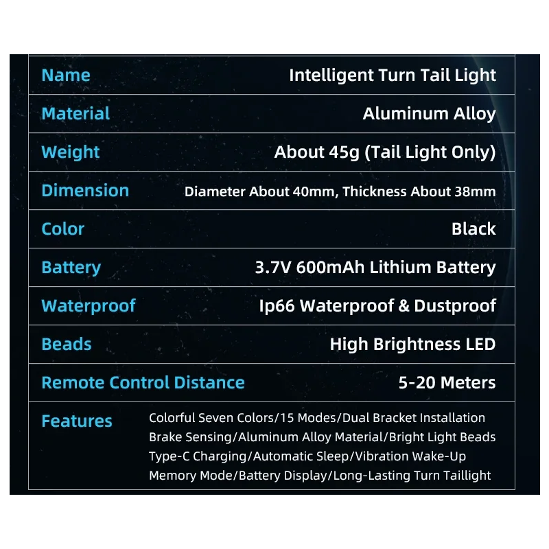 Mangesidig sykkelbaklykt med oppladbart smart bremselys trådløs fjernkontroll retningslys og fargerik blits
