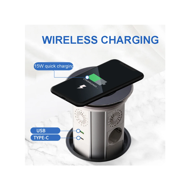 VENSTPOW Elektriske løftekontakter Skjult bordplate uttak med USB trådløs lading og EU-standard