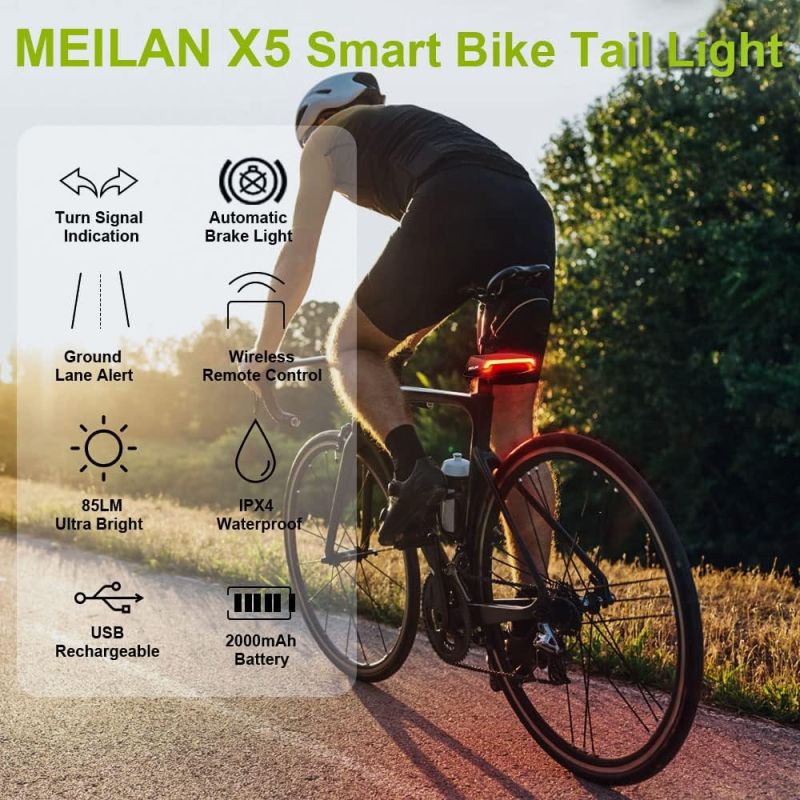 Meilan X5 Smart Sykkel Baklys m/ Blinklys. Automatisk Bremselys, Trådløs Fjernkontroll & USB Oppladbart.
