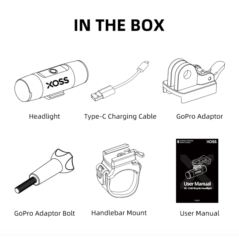 XOSS XL-1200 Sykkellykt 1200 Lumen Oppladbar Vanntett Type-C Lading Perfekt Sykkeltilbehør for Nattkjøring
