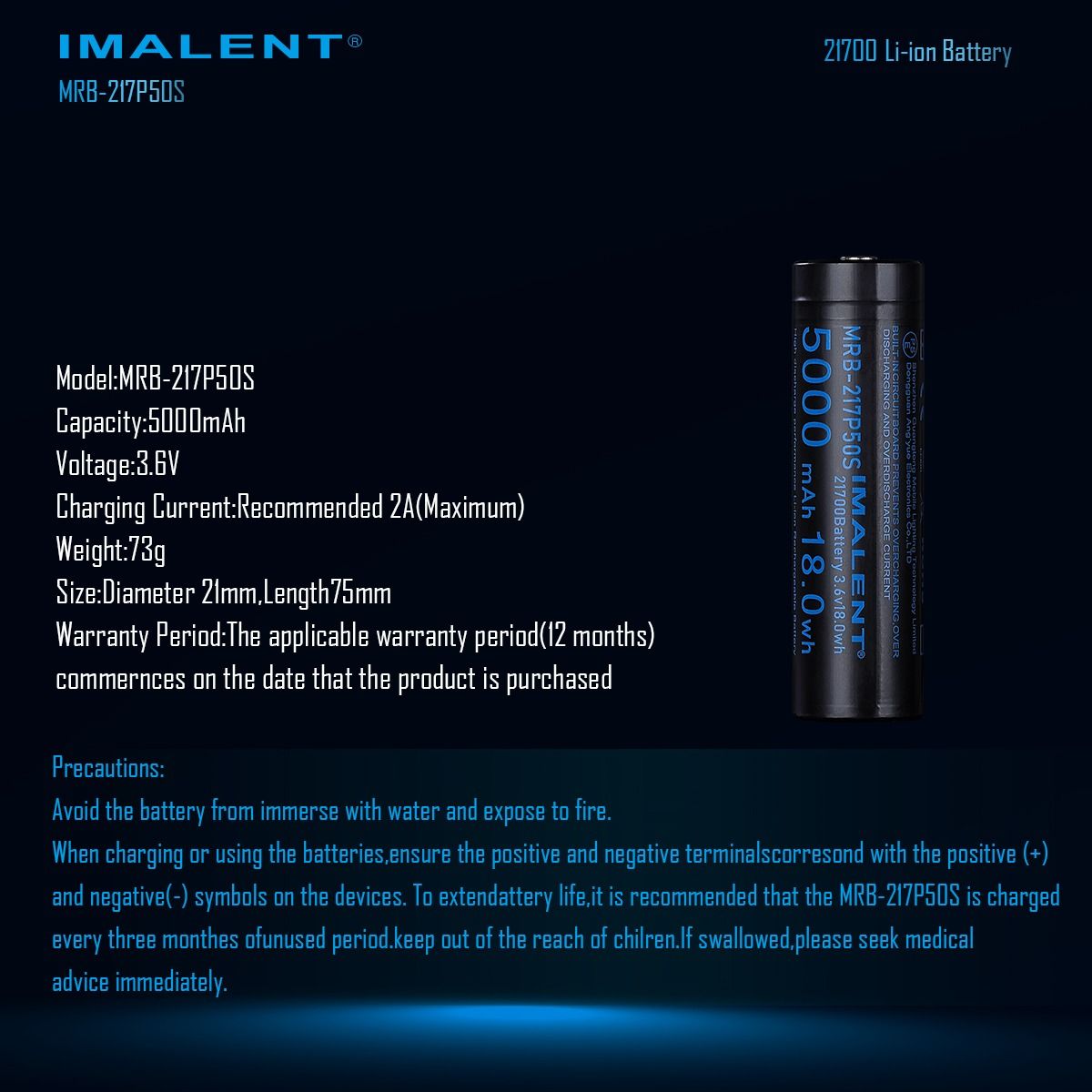 IMALENT MRB-217P50S 21700 Oppladbart Li-ion Batteri 5000mAh 3.6V | Høy Ytelse, Lang Levetid, LED Lommelykt