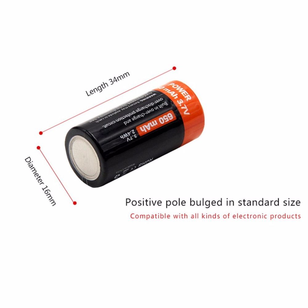 16340 650mAh 3.7V Mikro-USB oppladbart litium-ion-batteri miljøvennlig langvarig for lommelykter og utstyr