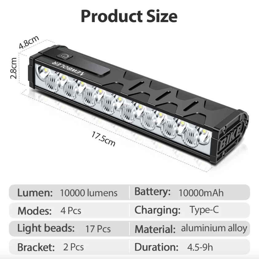 NITEBEAM 10 000 lumen ultralyssterk sykkellykt foran, vanntett, USB-lading for MTB- og landeveissykling – sikkerhet