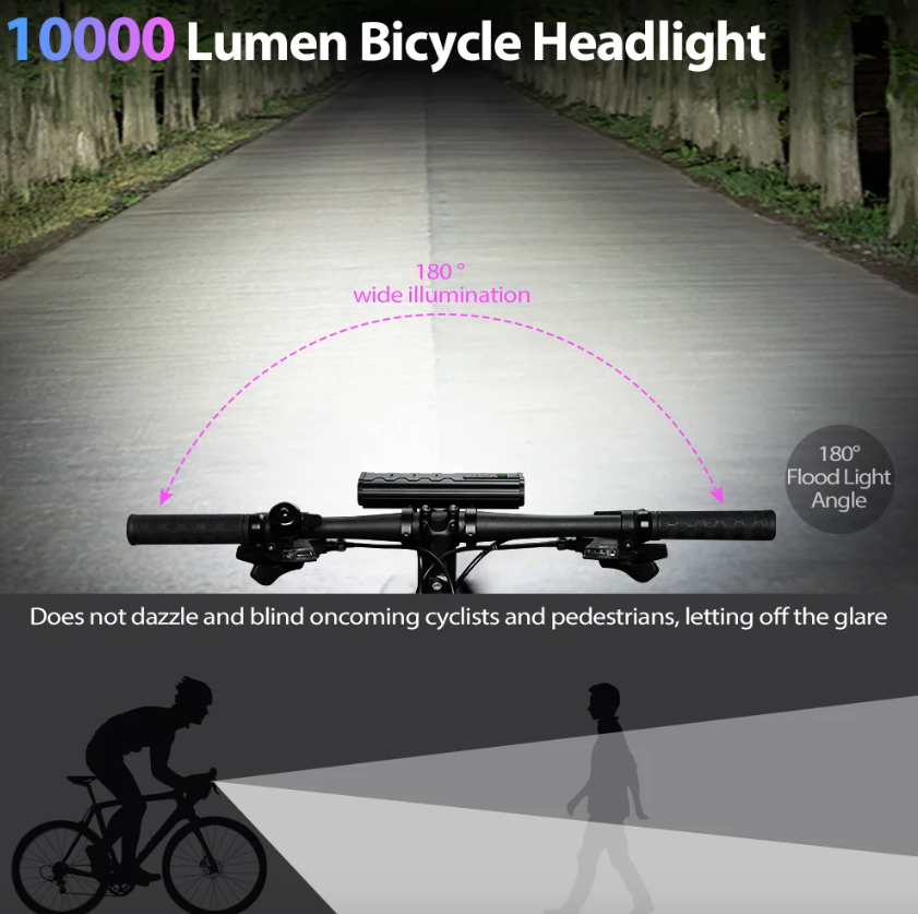 NITEBEAM 10 000 lumen ultralyssterk sykkellykt foran, vanntett, USB-lading for MTB- og landeveissykling – sikkerhet
