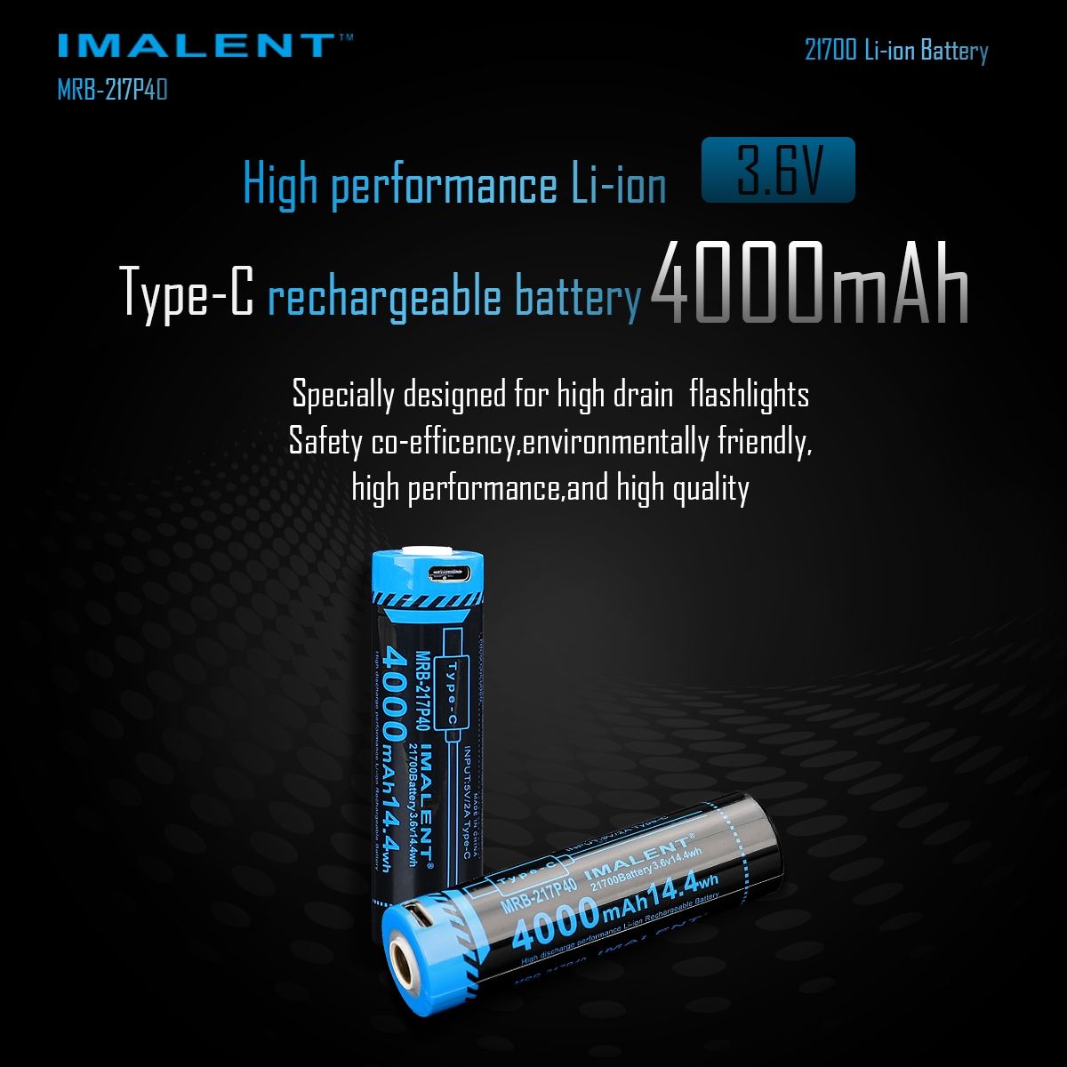 Oppdag IMALENT MRB-217P40 21700 batteri med 4000mAh Type-C oppladbart for kameraer lommelykter gadgets