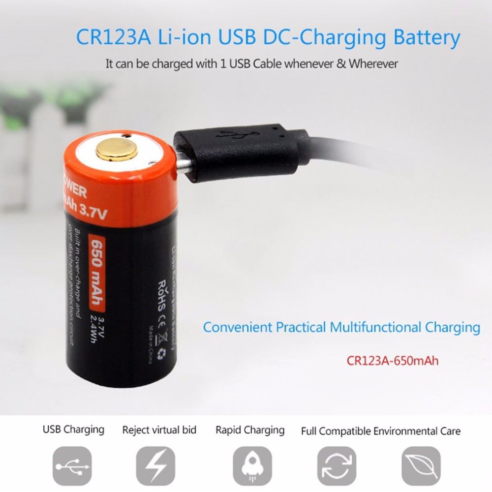 16340 650mAh 3.7V Mikro-USB oppladbart litium-ion-batteri miljøvennlig langvarig for lommelykter og utstyr