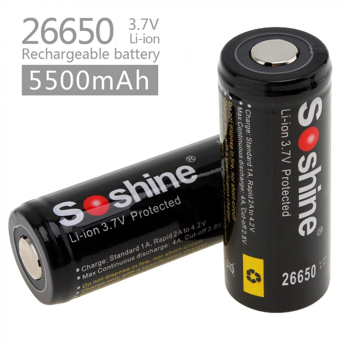 Soshine 26650 5500mAh Li-ion oppladbare batterier 2-pakning for lommelykter, elektroverktøy, langvarig bruk