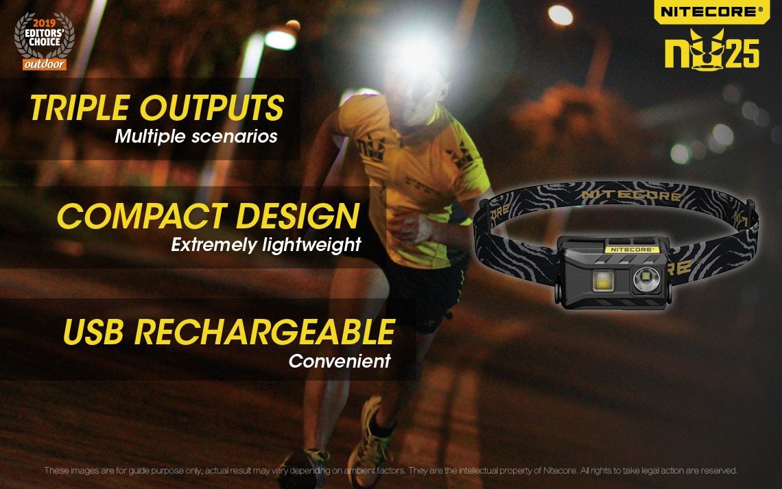 Nitecore NU25 XP-G2 S3 LED oppladbar hodelykt 360 lumen lettvekts eventyrtilbehør utendørsbelysning