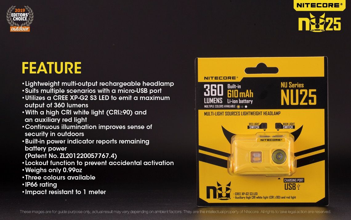 Nitecore NU25 XP-G2 S3 LED oppladbar hodelykt 360 lumen lettvekts eventyrtilbehør utendørsbelysning