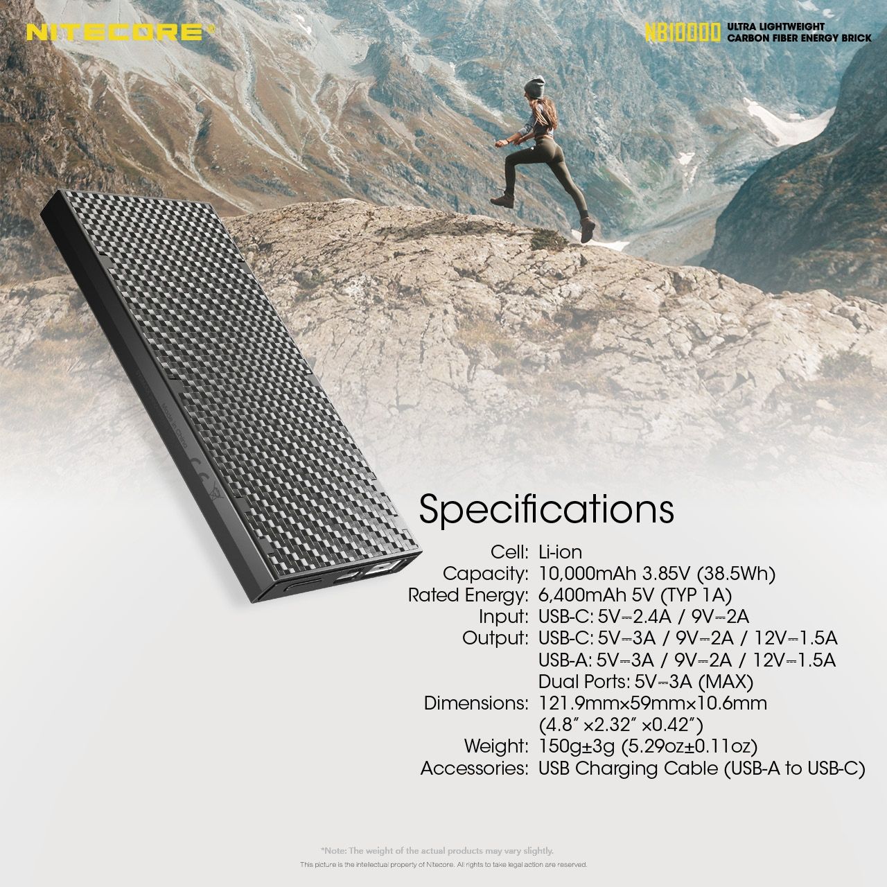 NITECORE NB10000 QC Dobbel port USB-C 10000mAh Powerbank Lettvekts hurtiglading