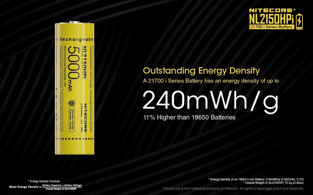 NITECORE NL2150HPI 5000mAh 3.6V 18Wh 21700 Li-ion oppladbart batteri høy ytelse for lommelyktbatteri